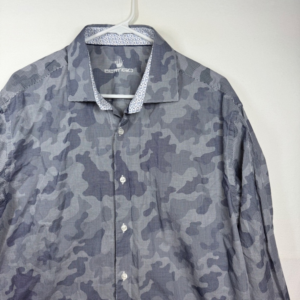Bertigo Mens XL Long Sleeve Button Down Shirt Blue Gray Camo Micro Check Cotton